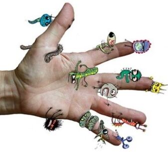 Germs and parasites on a human hand